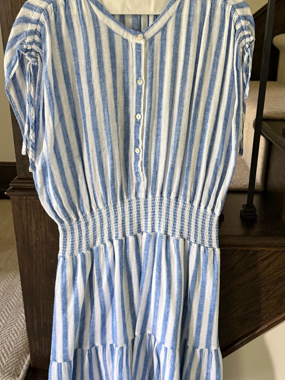Rails Blue and White Striped Button-Front Smocked Waist Dress